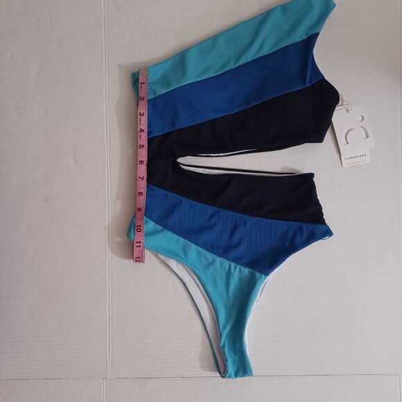 COMMENSE ASYMMETRICAL STRIPED ONE SHOULDER CUTOUT SWIMSUIT BLUE SIZE SMALL - Picture 6 of 10